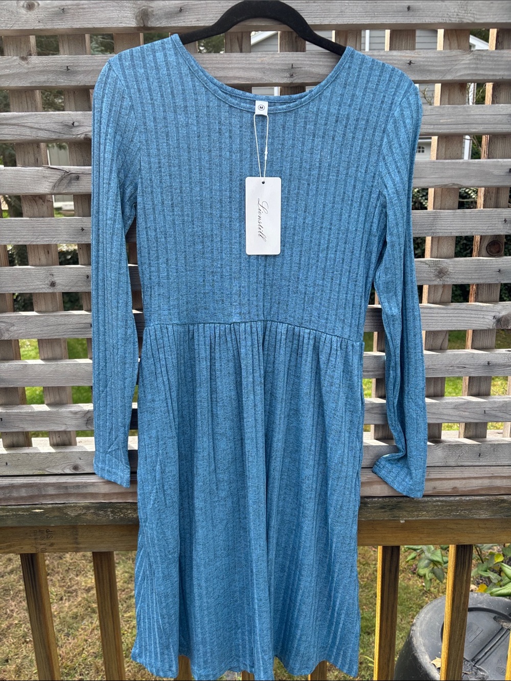 Blue Ribbed Midi Dress with Gathered Skirt